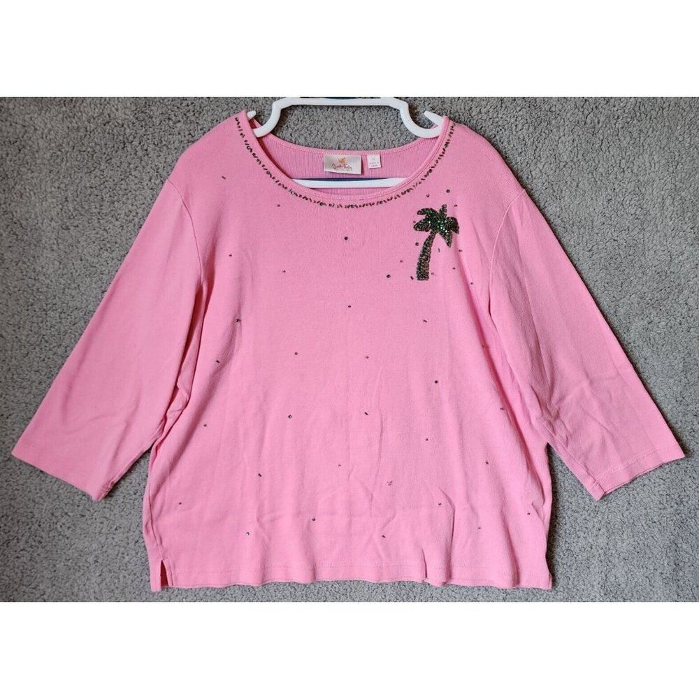 Quacker Factory Women's 3/4 Sleeve Round Neck Top Beaded Palm Tree Pink Size XL